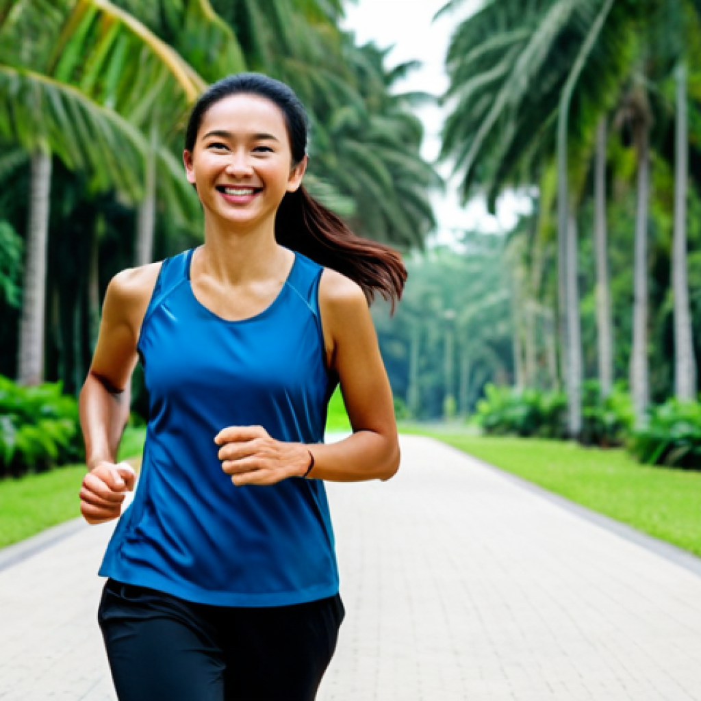 **

A woman in modest activewear, smiling and jogging in a lush, green Malaysian park early in the morning. Palm trees and tropical plants are visible in the background. Fully clothed, appropriate content, safe for work, perfect anatomy, natural proportions, professional photography, high quality. The scene promotes a healthy lifestyle and outdoor exercise in a family-friendly environment.

**