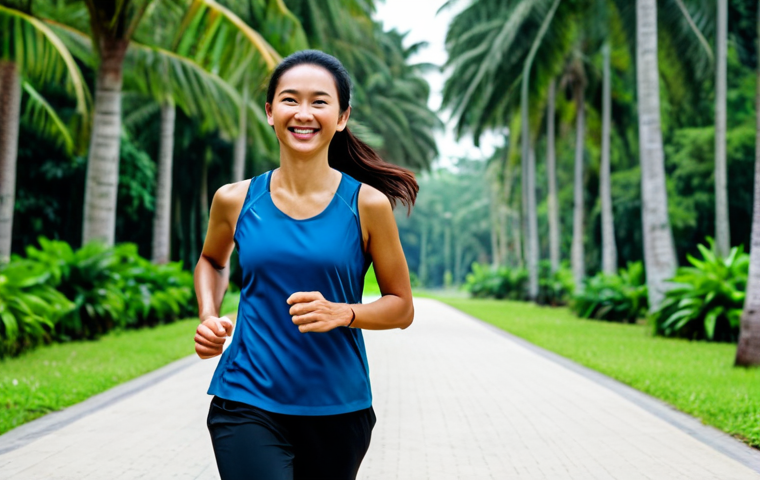 **
A woman in modest activewear, smiling and jogging in a lush, green Malaysian park early in the morning. Palm trees and tropical plants are visible in the background. Fully clothed, appropriate content, safe for work, perfect anatomy, natural proportions, professional photography, high quality. The scene promotes a healthy lifestyle and outdoor exercise in a family-friendly environment.
**