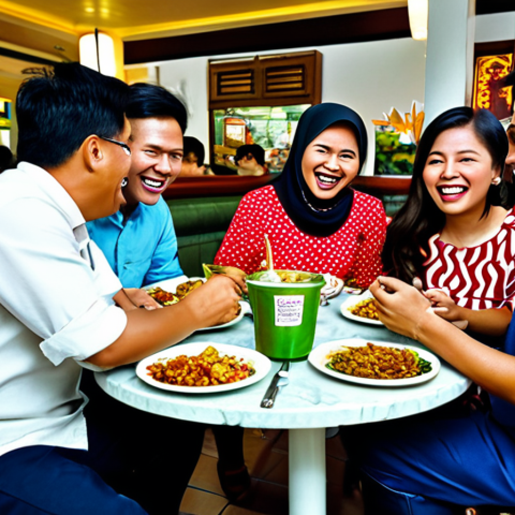 **

"A group of diverse, fully clothed Malaysian friends laughing and sharing a meal together at a bustling Mamak restaurant. The scene is lively with bright colors and delicious food. Appropriate attire, modest clothing, safe for work, perfect anatomy, correct proportions, professional photography, high quality, family-friendly."

**