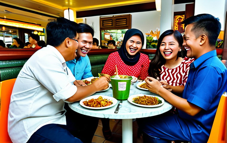 **
"A group of diverse, fully clothed Malaysian friends laughing and sharing a meal together at a bustling Mamak restaurant. The scene is lively with bright colors and delicious food. Appropriate attire, modest clothing, safe for work, perfect anatomy, correct proportions, professional photography, high quality, family-friendly."
**