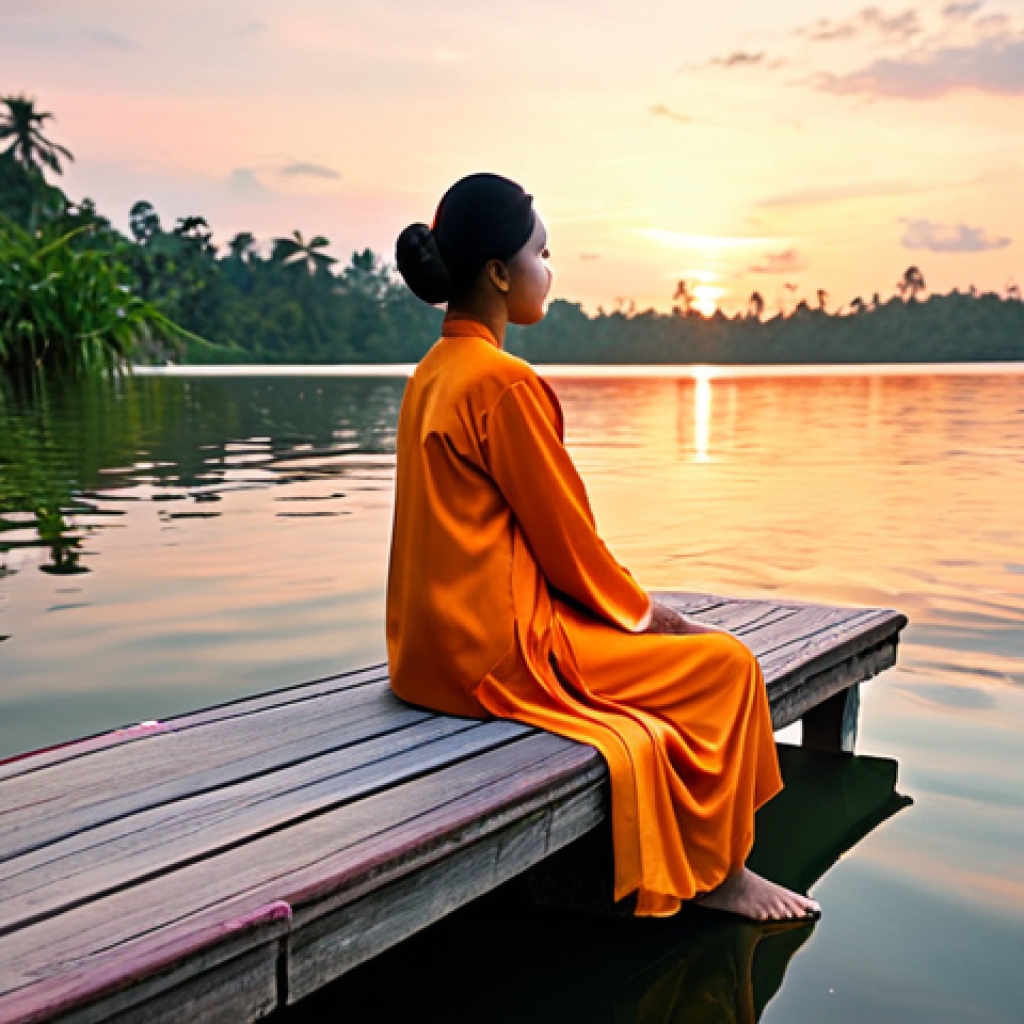 행복을 위한 작은 기쁨 찾기 - Tranquil Lakeside Sunset**

"A serene Malaysian lakeside scene at sunset, with vibrant orange and pi...