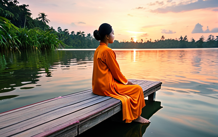 행복을 위한 작은 기쁨 찾기 - Tranquil Lakeside Sunset**

"A serene Malaysian lakeside scene at sunset, with vibrant orange and pi...