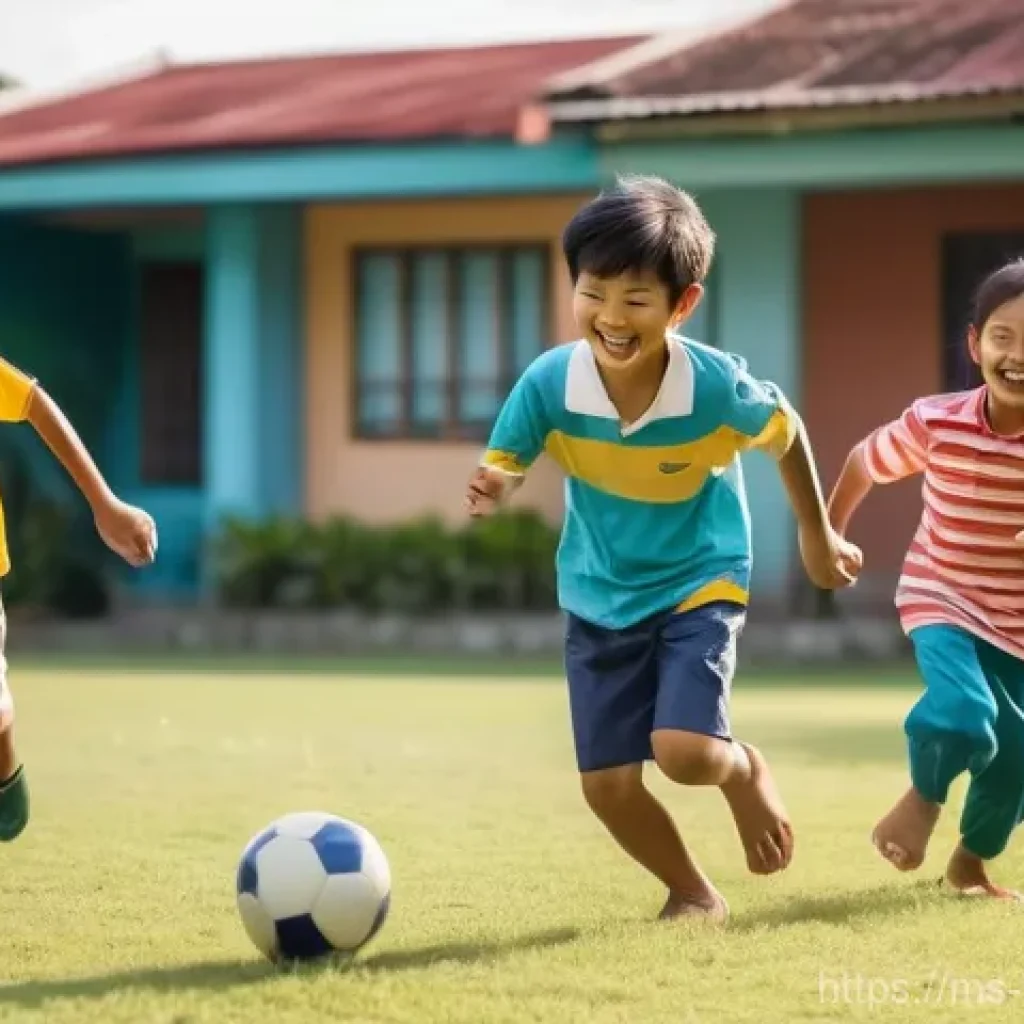 행복을 위한 사회적 활동 참여 - **Prompt:** "A vibrant, nostalgic scene of Malaysian children, aged 7-12, playing a traditional game...