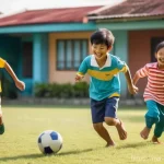 Home 12 행복을 위한 사회적 활동 참여 - **Prompt:** "A vibrant, nostalgic scene of Malaysian children, aged 7-12, playing a traditional game...