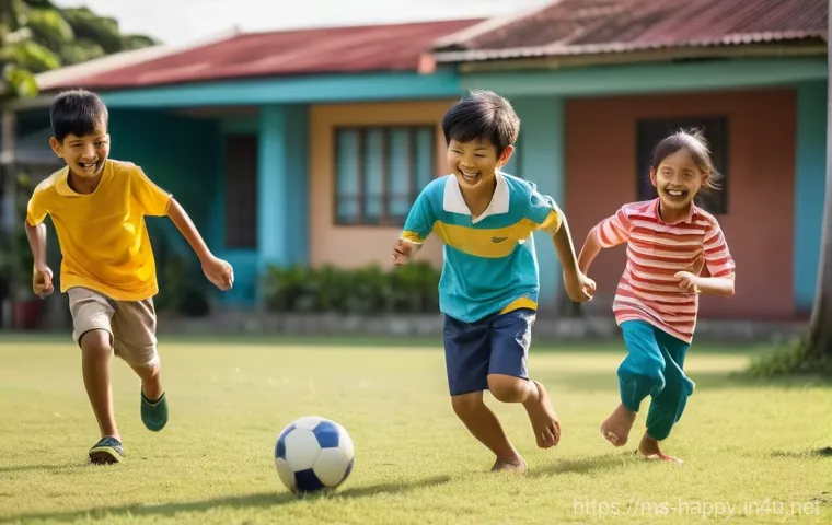 행복을 위한 사회적 활동 참여 - **Prompt:** "A vibrant, nostalgic scene of Malaysian children, aged 7-12, playing a traditional game...