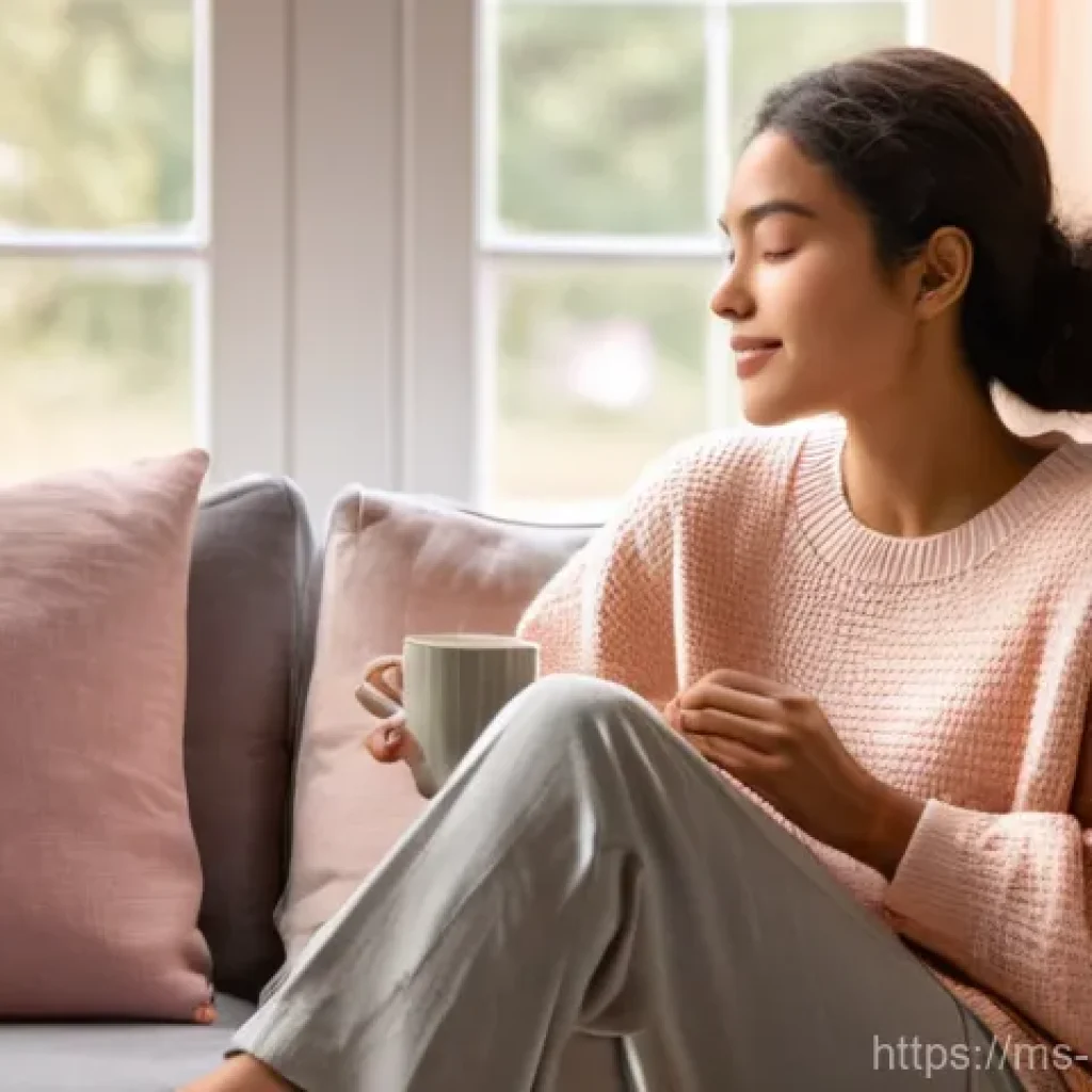 행복한 사람들의 공통점 - **Prompt:** A serene young woman in her late 20s, dressed in comfortable, modest loungewear (a soft,...