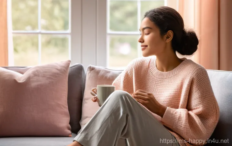 행복한 사람들의 공통점 - **Prompt:** A serene young woman in her late 20s, dressed in comfortable, modest loungewear (a soft,...