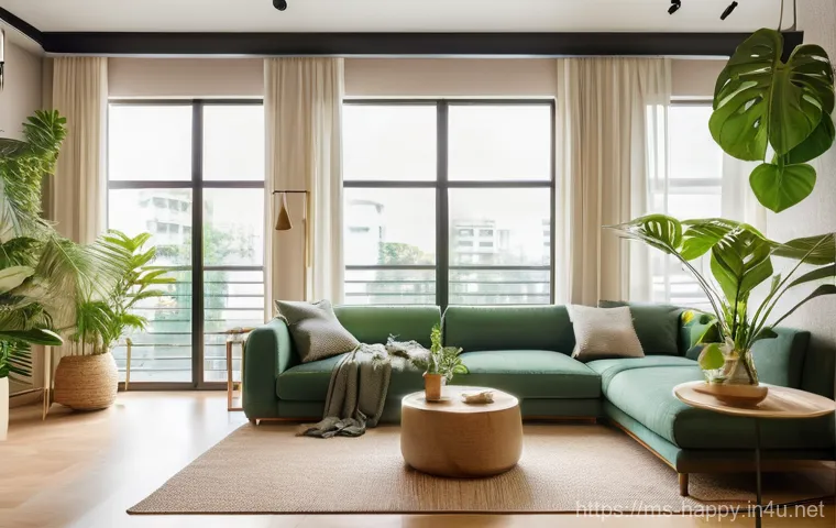 행복을 위한 환경 변화 - A serene and inviting living room designed as a healing sanctuary, located within a modern apartment...