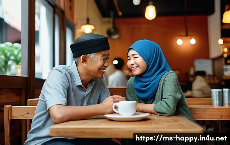 행복한 결혼 생활의 비결 - **A Malaysian couple embracing the 'Quality Time' love language in a cozy cafe.**
A middle-aged ...